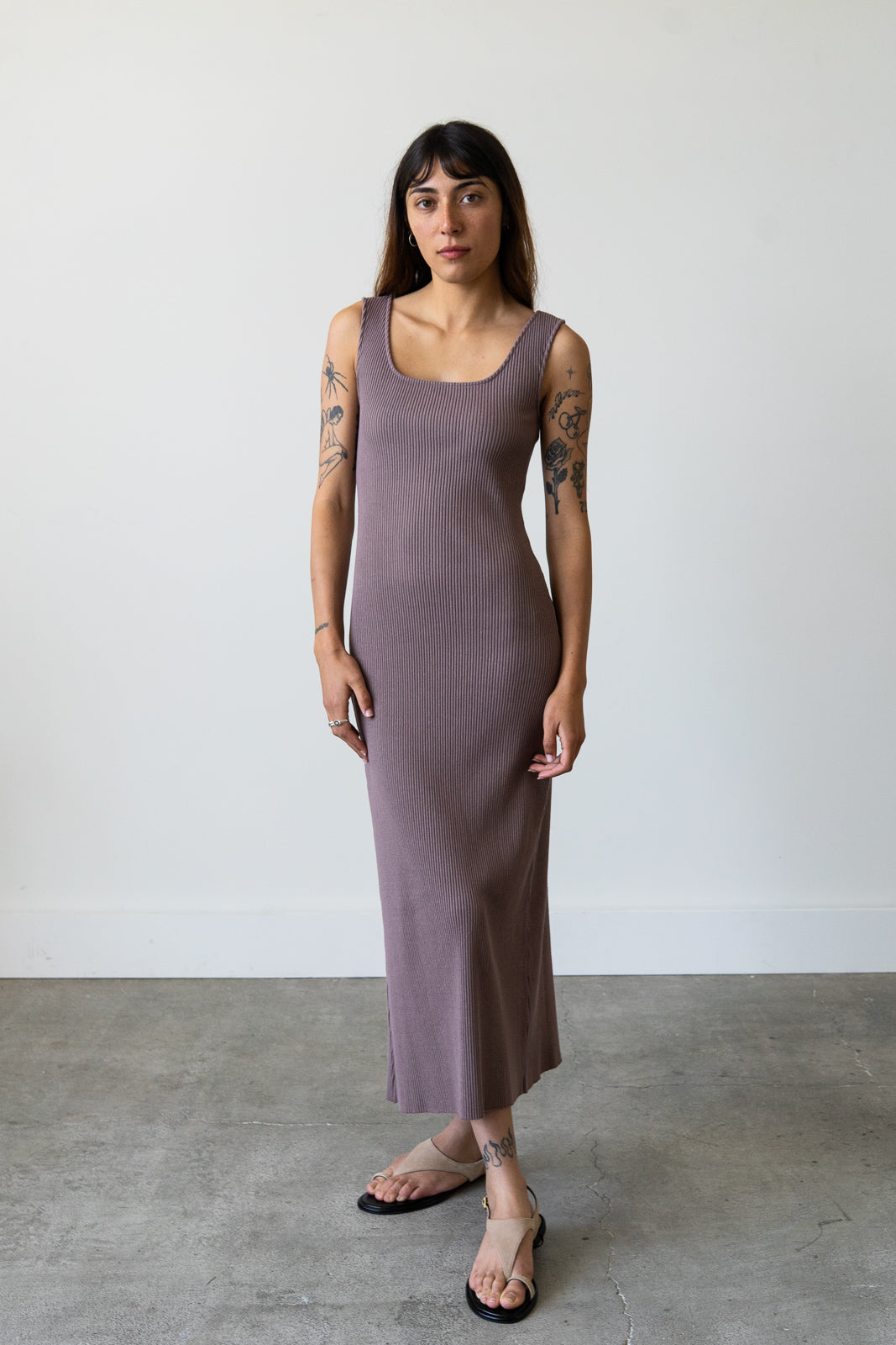 Ribbed Knit U-Neck Dress in Mauve Grey L