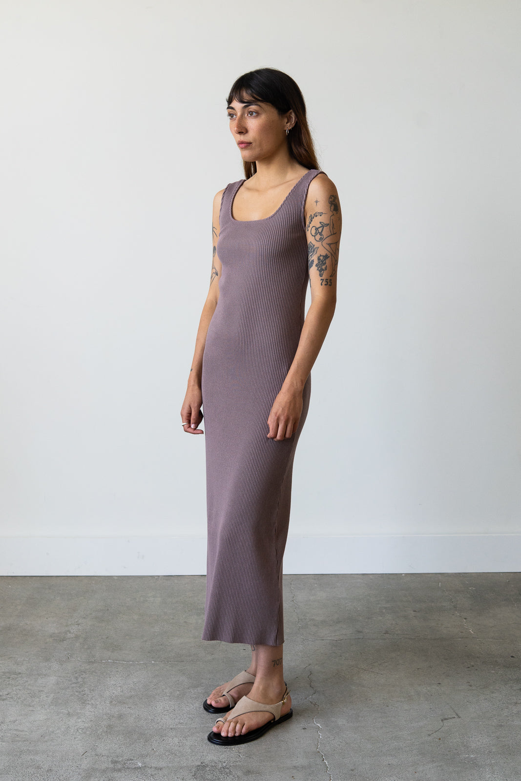 fitted lace wedding dress Ribbed Knit U-Neck Dress in Mauve Grey L