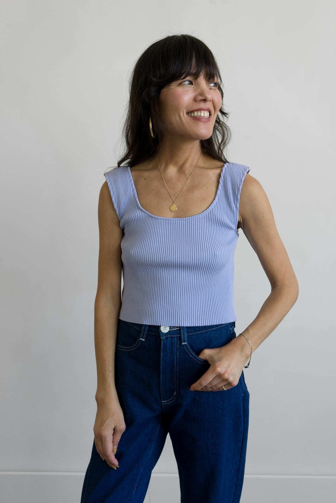 Ribbed Knit U-Neck Tank in Ice Blue