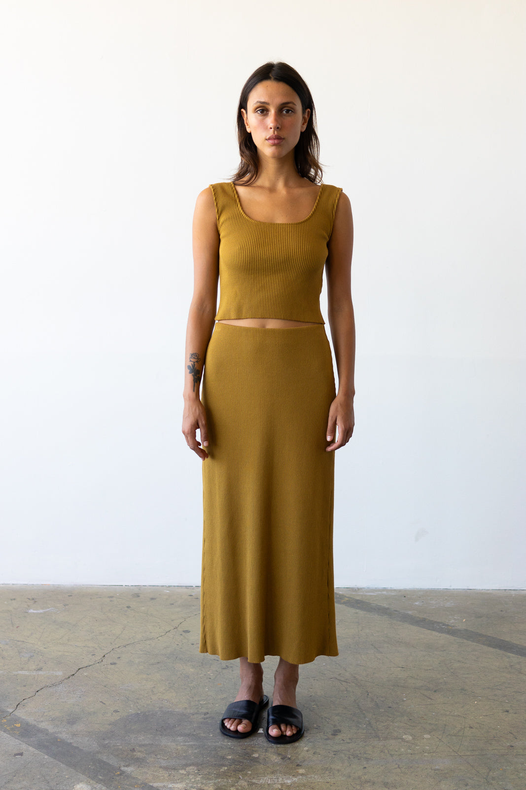 Ribbed Knit Midi Skirt in Mustard Gold L