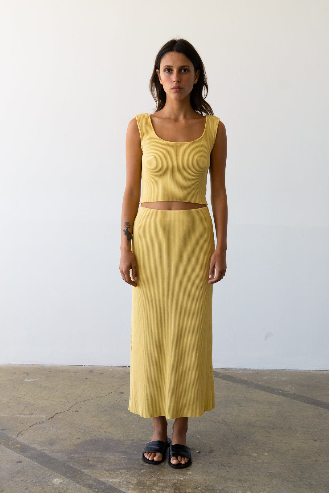 Ribbed Knit Midi Skirt in Pollen