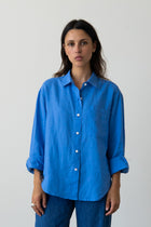Oversized Linen Button-Up Shirt in Piscine Blue