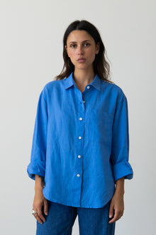 Oversized Linen Button-Up Shirt in Piscine Blue