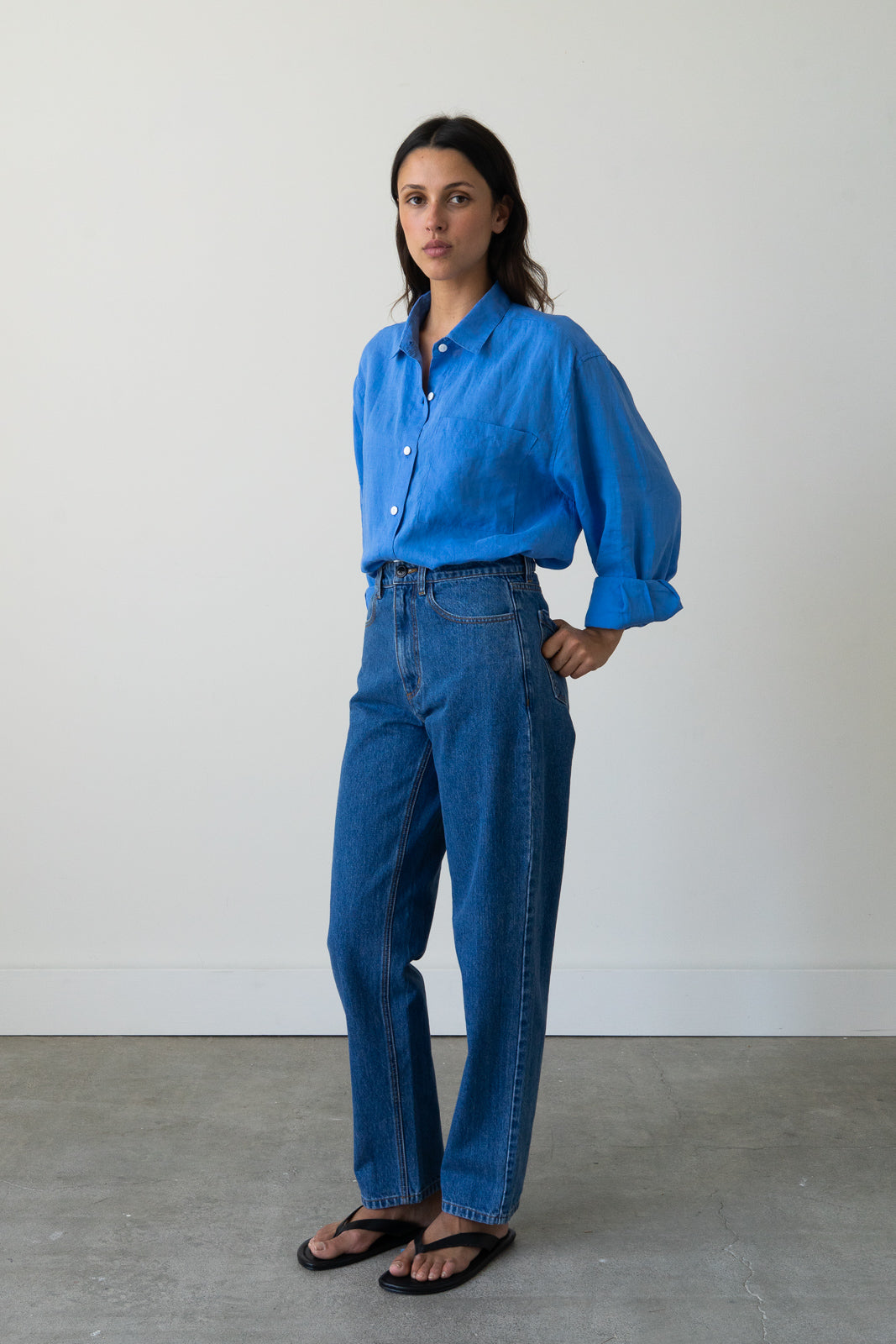 Oversized Linen Button-Up Shirt in Piscine Blue