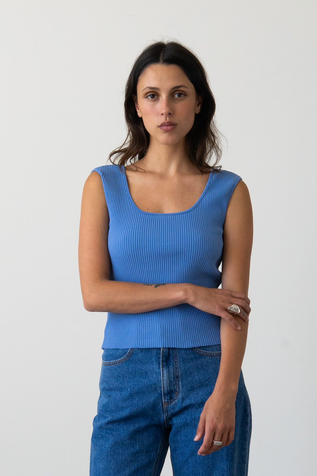 Ribbed Knit U-Neck Tank in Piscine Blue