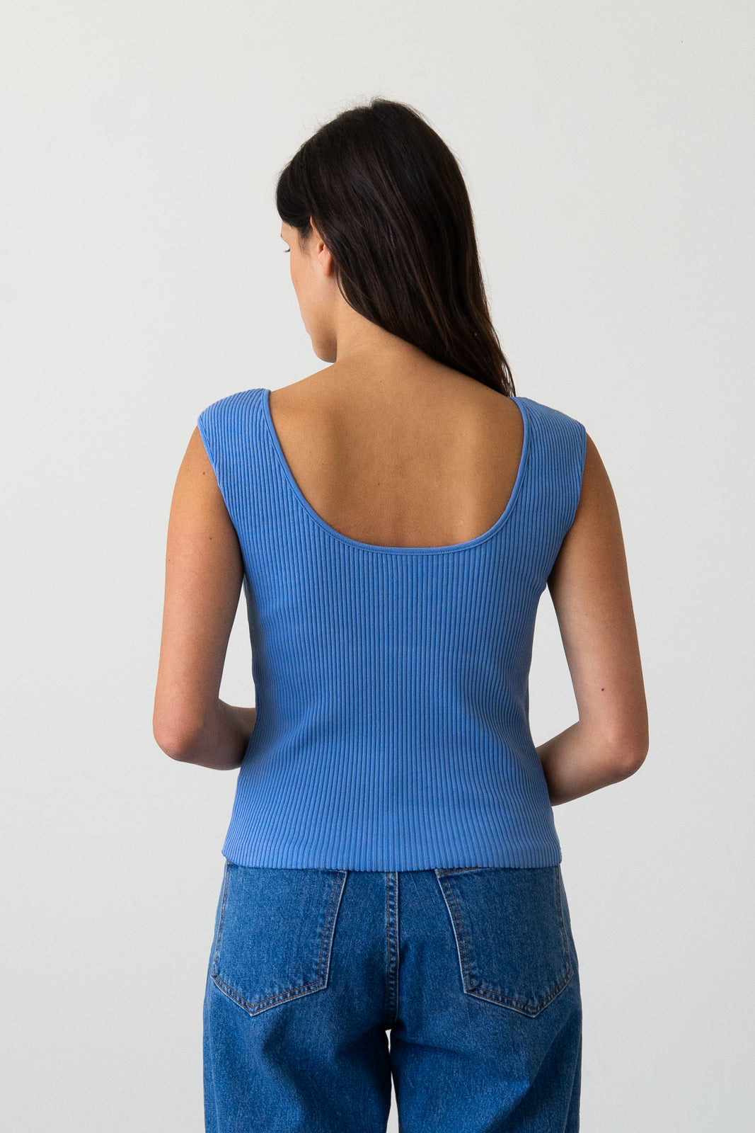 Ribbed Knit U-Neck Tank in Piscine Blue