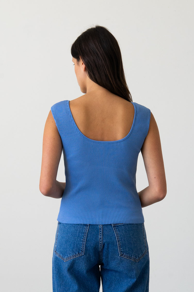 Ribbed Knit U-Neck Tank in Piscine Blue