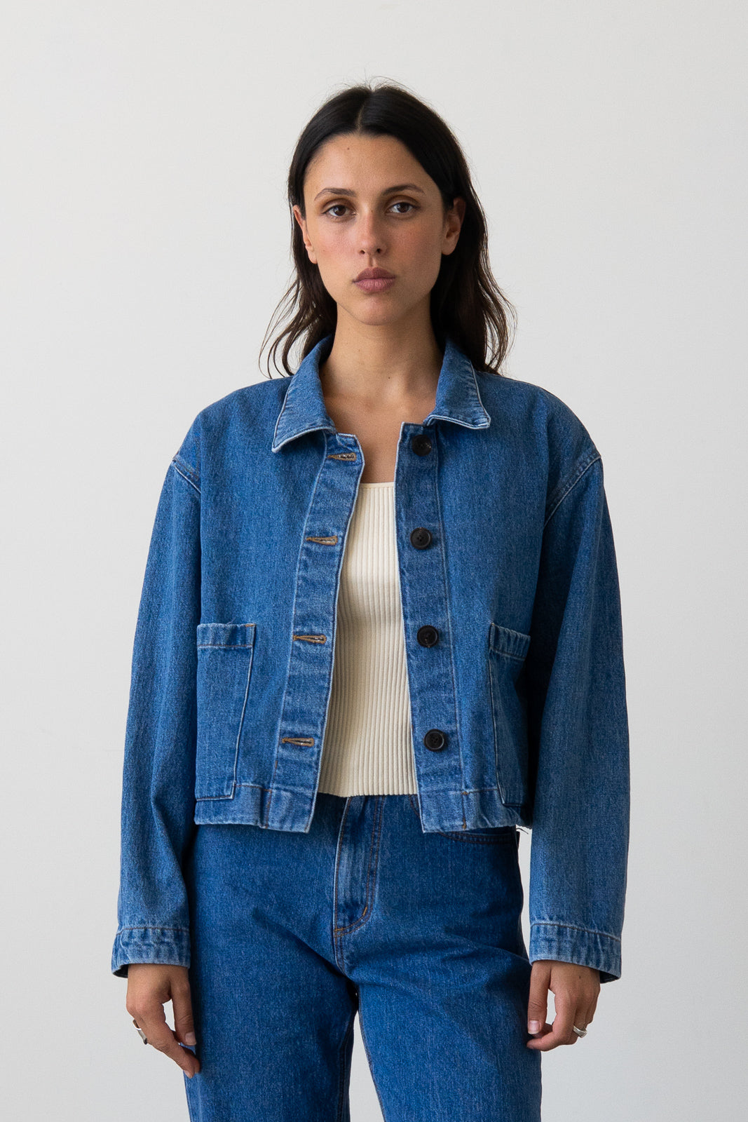 Cropped Jacket in Medium Blue Denim