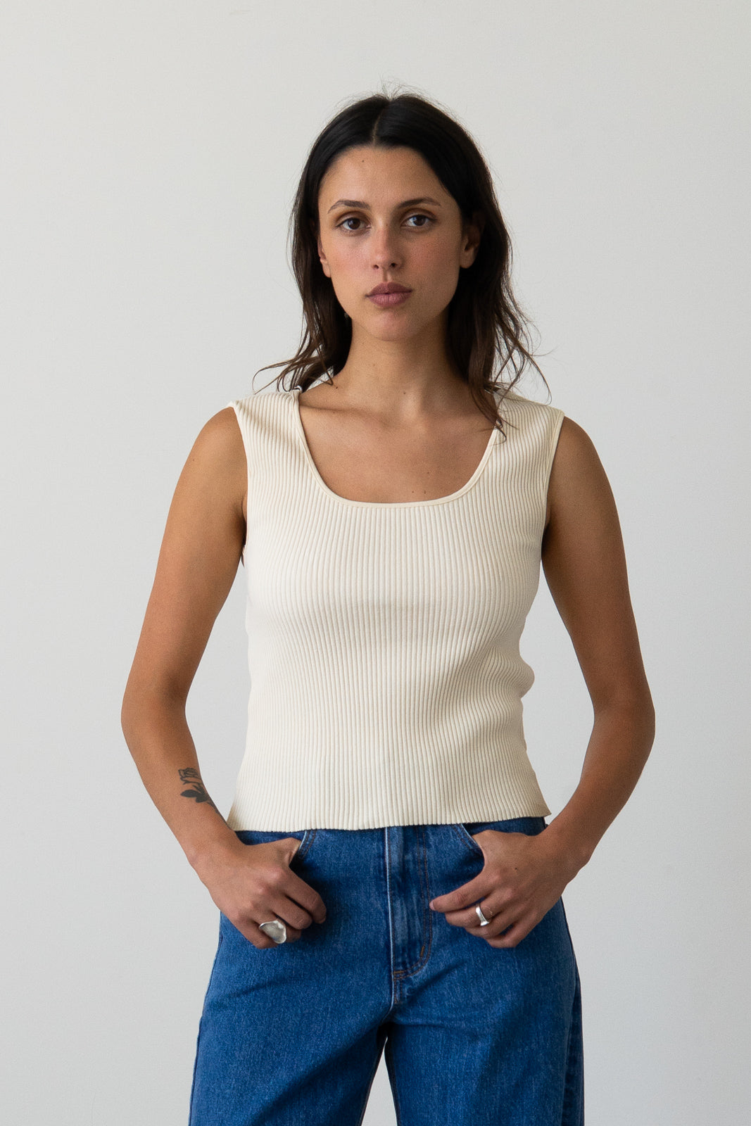 Ribbed Knit U-Neck Tank in Cream