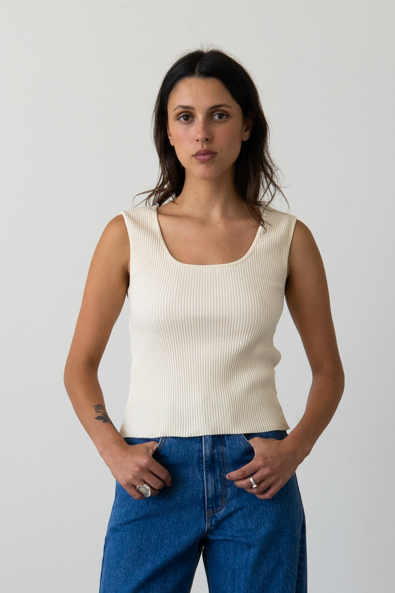 Ribbed Knit U-Neck Tank in Cream
