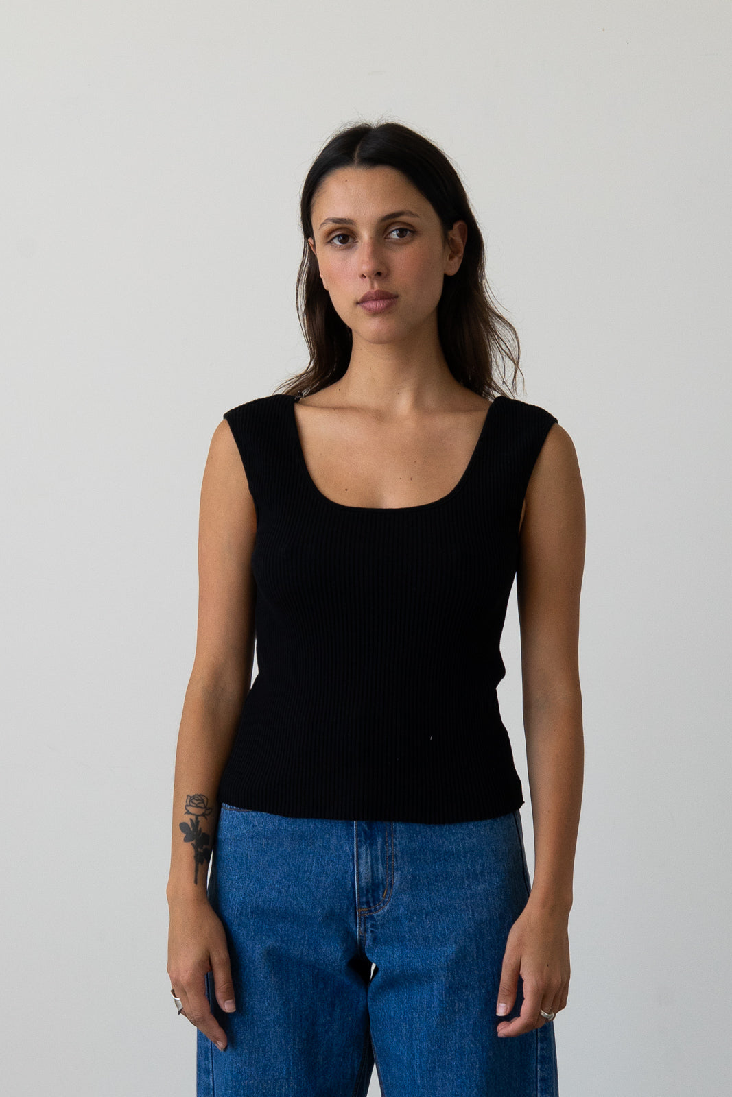 Ribbed Knit U-Neck Tank in Black