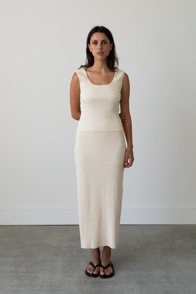 Ribbed Knit Midi Skirt in Cream