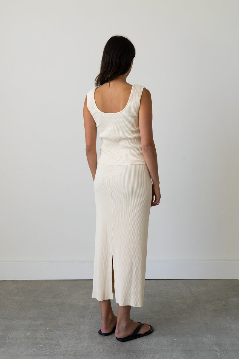 Ribbed Knit Midi Skirt in Cream