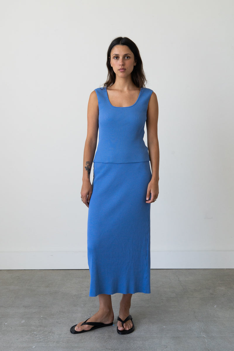 Ribbed Knit Midi Skirt in Piscine Blue