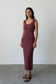Ribbed Knit Midi Skirt in Raspberry