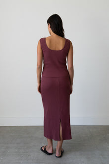 Ribbed Knit Midi Skirt in Raspberry