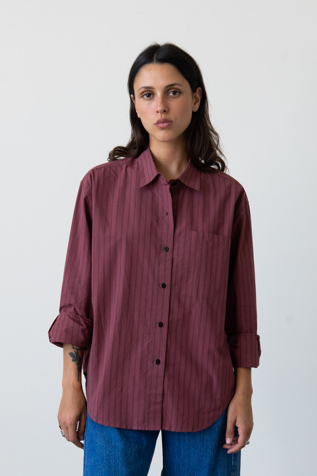 Oversized Button-Up Shirt in Raspberry Stripe