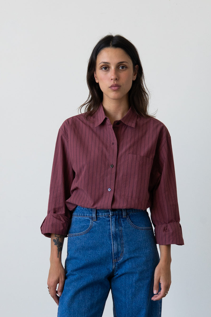 Oversized Button-Up Shirt in Rasberry Stripe
