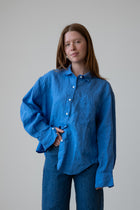 Oversized Linen Button-Up Shirt in Piscine Blue