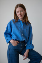 Oversized Linen Button-Up Shirt in Piscine Blue