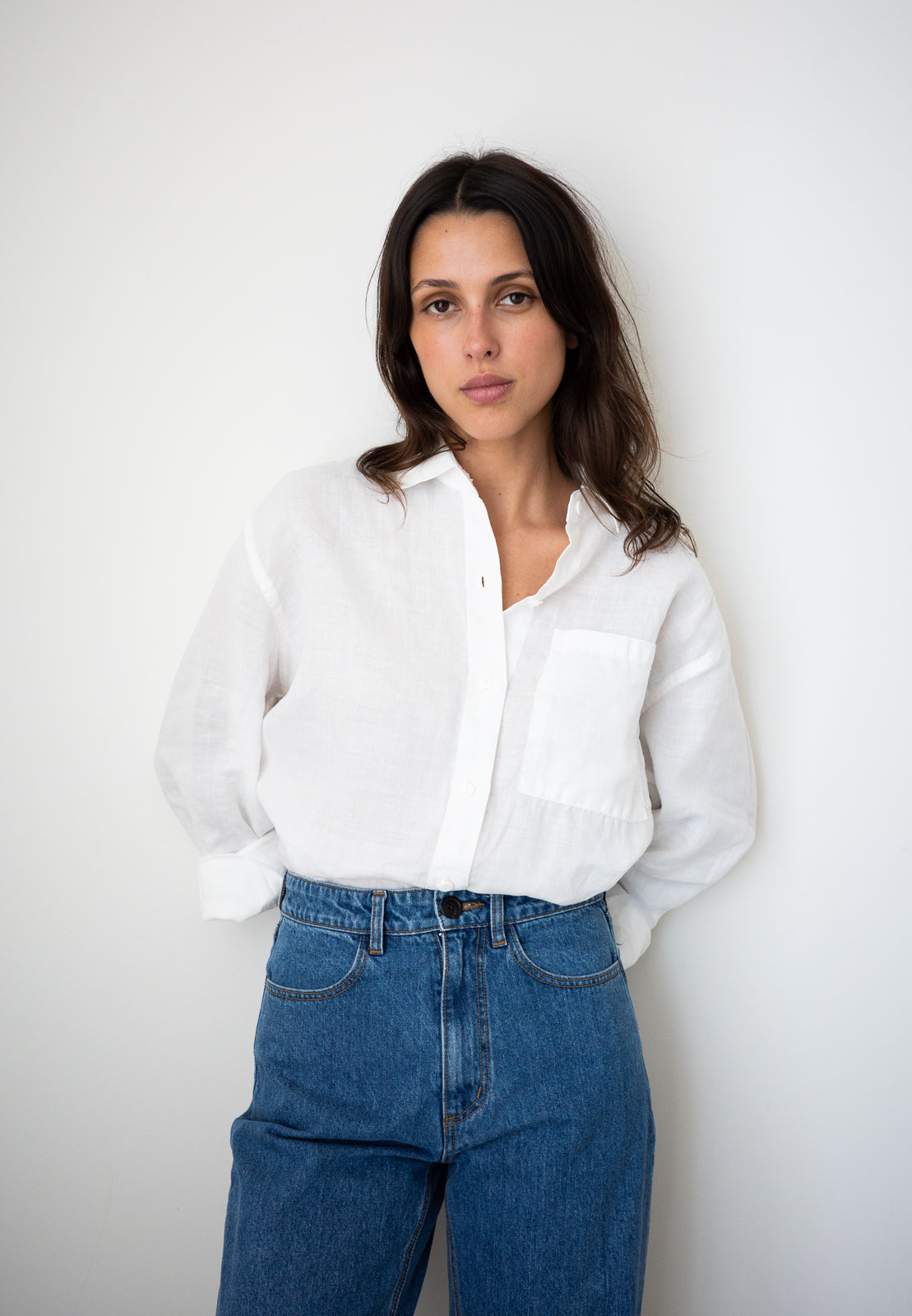 Oversized Linen Button-Up Shirt in Ivory