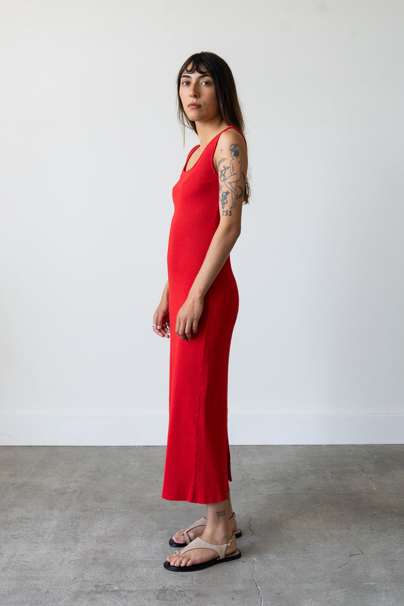 Ribbed Knit U-Neck Dress in Cherry