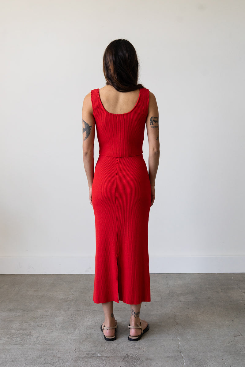 Ribbed Knit Midi Skirt in Cherry