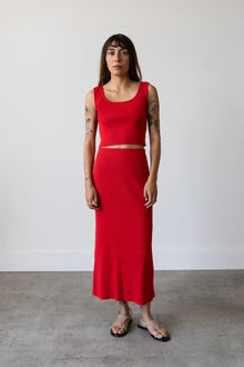 Ribbed Knit Midi Skirt in Cherry
