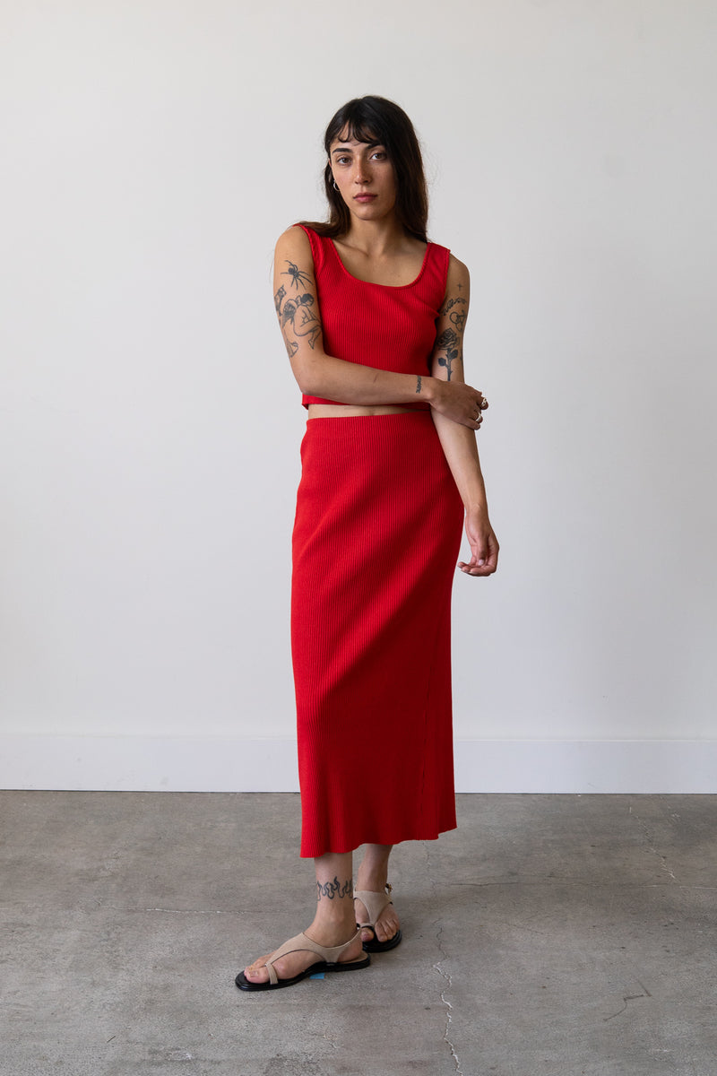 Ribbed Knit Midi Skirt in Cherry