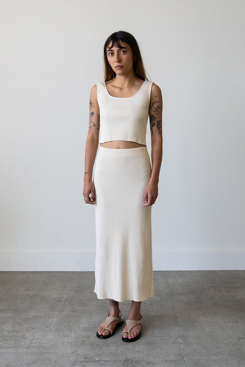 Ribbed Knit Midi Skirt in Cream