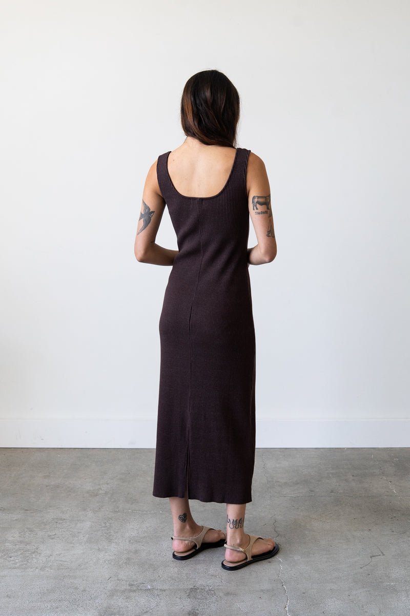 Ribbed Knit U-Neck Dress in Espresso