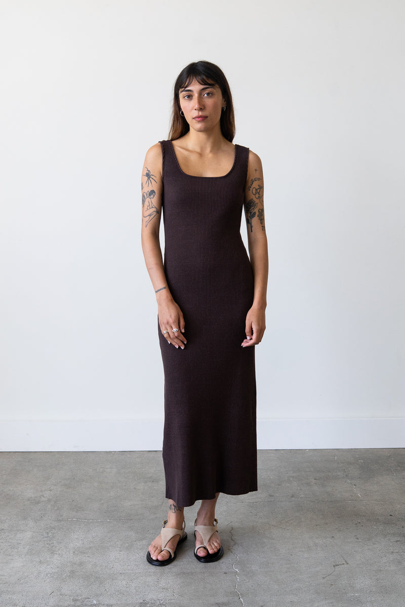 Ribbed Knit U-Neck Dress in Espresso
