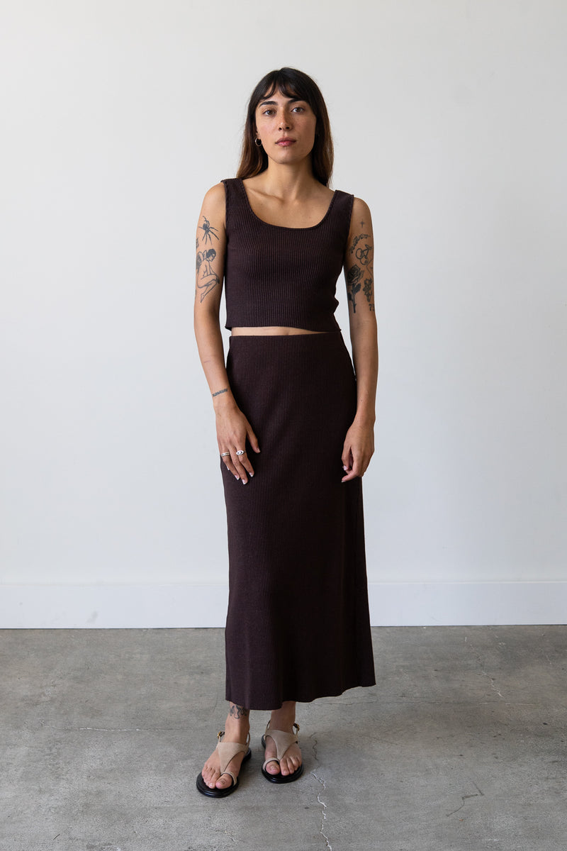 Ribbed Knit Midi Skirt in Espresso