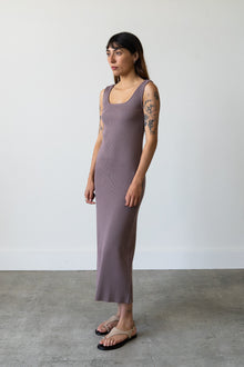 Ribbed Knit U-Neck Dress in Mauve Grey