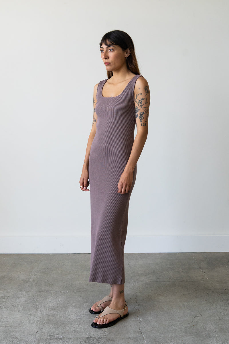 Ribbed Knit U-Neck Dress in Mauve Grey