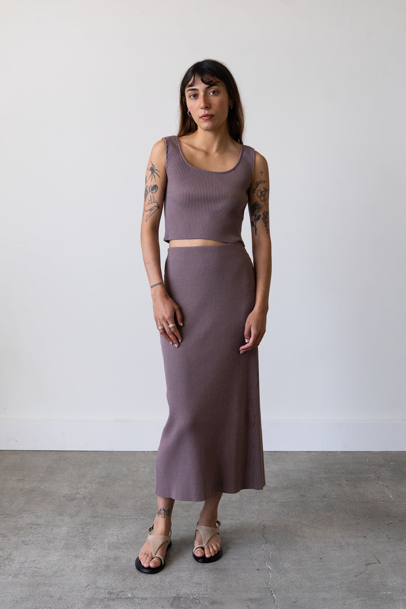 Ribbed Knit Midi Skirt in Mauve Grey