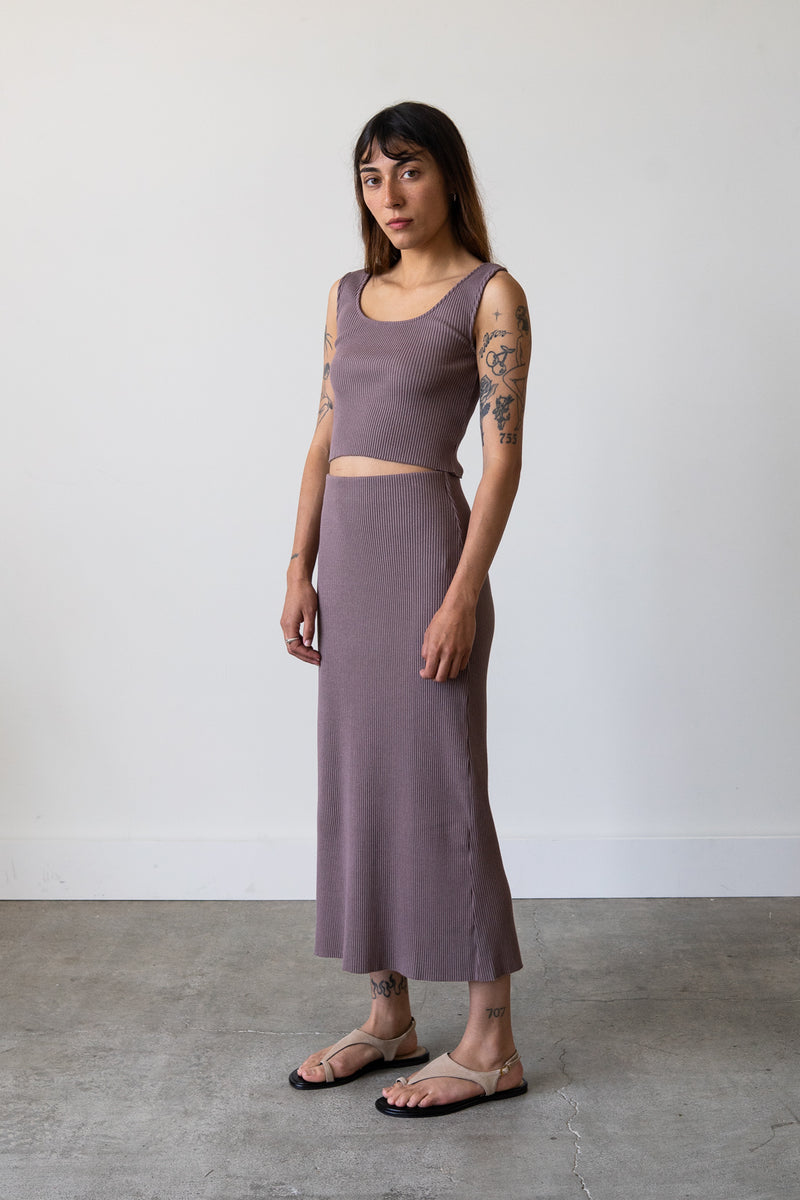 Ribbed Knit Midi Skirt in Mauve Grey