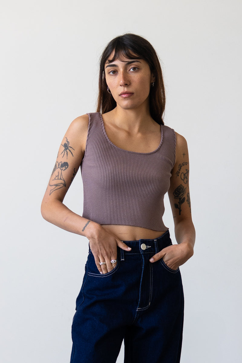 Ribbed Knit U-Neck Tank in Mauve Grey